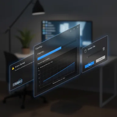 Holographic progress windows hover in a dim office, showing a file transfer.