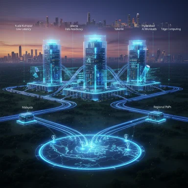 Futuristic data centers linked by glowing network lines to regional PoPs and a global map.