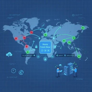 Global cloud network map featuring Azure Front Door, security icons, and global data routing.