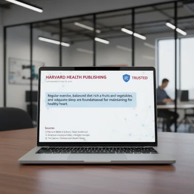 A laptop on a desk displaying a Harvard Health Publishing slide about heart-healthy living.