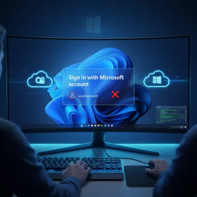 Two people use a curved monitor to sign in to Windows with a Microsoft account.