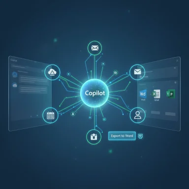 A neon, futuristic Copilot hub connects apps and tools with glowing data lines.