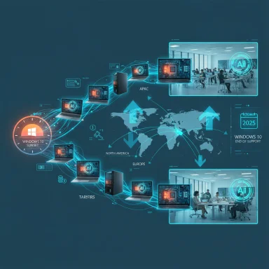 Global tech infographic showing interconnected laptops and classrooms, highlighting AI and Windows 10 sunset.