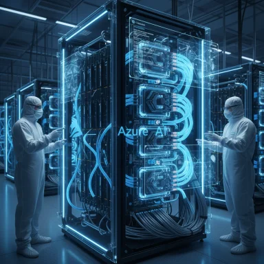 Two technicians in cleanroom suits monitor glowing Azure AI server racks in a high-tech data center.