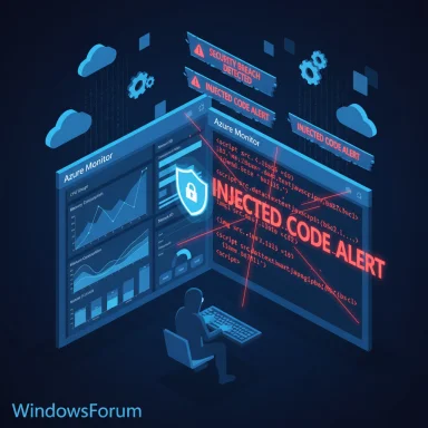 A person at a computer monitors Azure dashboards while a bright red INJECTED.CODE.ALERT flashes.