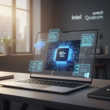 A modern laptop displays holographic AI visuals, including 40+ TOPS, in a bright office.