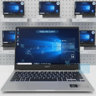 Acer laptop on a store display showing Windows desktop with a 'Make the Switch' banner.