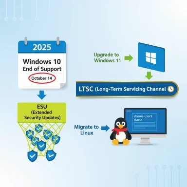 Infographic about Windows 10 end of support (Oct 14, 2025) with ESU, Windows 11 LTSC, or Linux migration options.