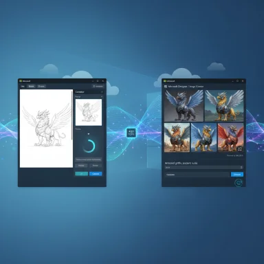 Two software windows show griffin artwork: a sketch and color variants on a blue background.