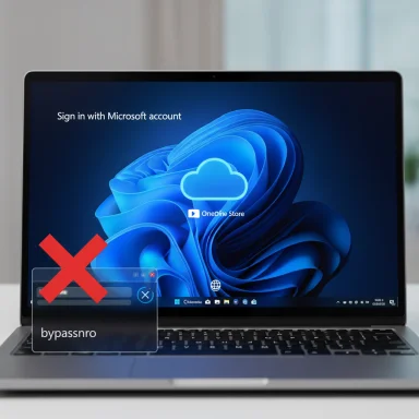 Laptop showing Windows 11 sign-in screen with a red X and a bypass popup.
