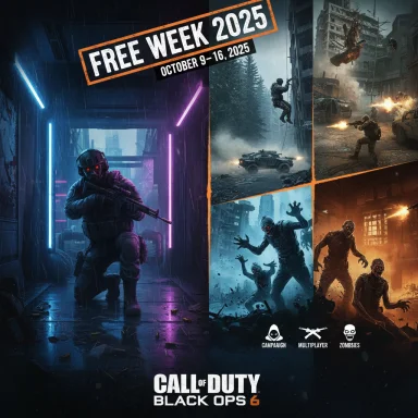 Promo poster for Call of Duty: Black Ops 6 Free Week 2025, featuring campaign, multiplayer, and zombies.