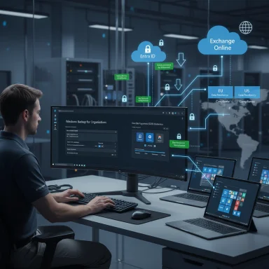 IT professional at a multi-screen workstation in a data center, monitoring cloud and security diagrams.