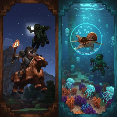 Minecraft scene split in two: a knight on horseback with a torch at night, and divers through an underwater portal.