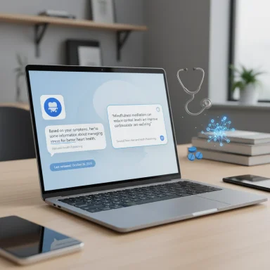 Laptop on a desk with floating medical icons and health chat bubbles on screen.