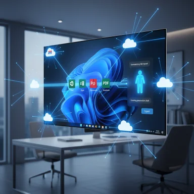 A modern office with a large monitor displaying cloud-connected icons and productivity apps.