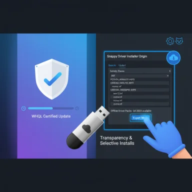 WHQL certified update panel on left and Snappy Driver Installer Origin with selective installs on the right.