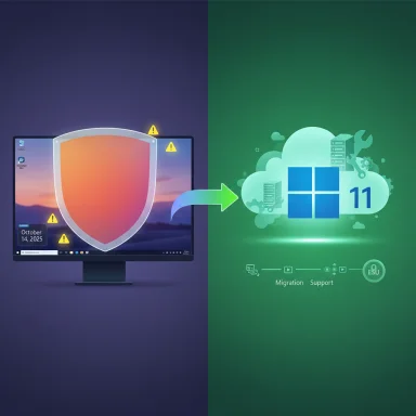 A secure Windows desktop transitions from on‑prem protection to Windows 11 cloud migration.