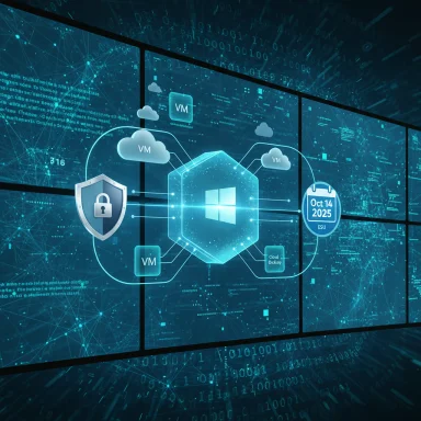 Futuristic cloud computing diagram with VMs, a secure hub, and a Windows-inspired center.