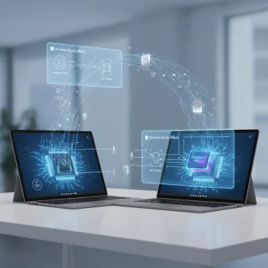 Two laptops on a white desk project holographic Windows Studio Effects UI in a futuristic office.