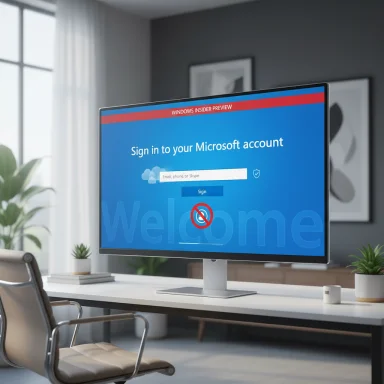A modern office desk setup featuring a large monitor with the Windows sign-in screen.