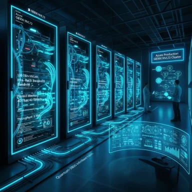 Futuristic data center with neon-blue server racks and holographic control displays.