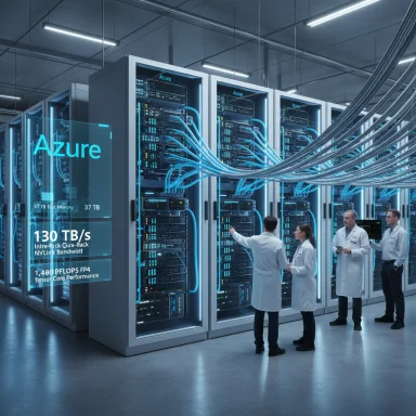 Azure-branded data center with technicians inspecting glowing server racks.