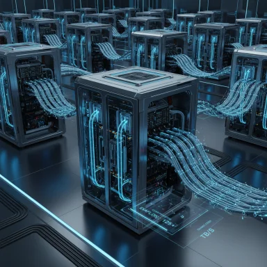 Futuristic data center with glowing blue cables and modular server racks.