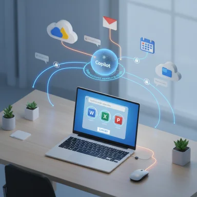 A laptop on a desk shows glowing holographic Copilot connections to cloud services and apps.