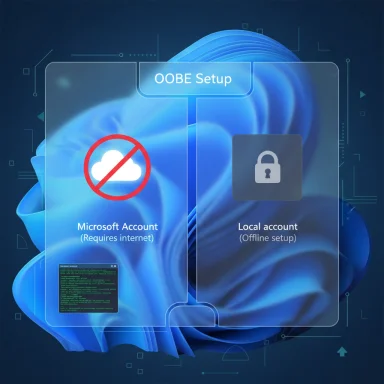 OOBE Setup screen with two options: Microsoft Account (online) and Local account (offline).