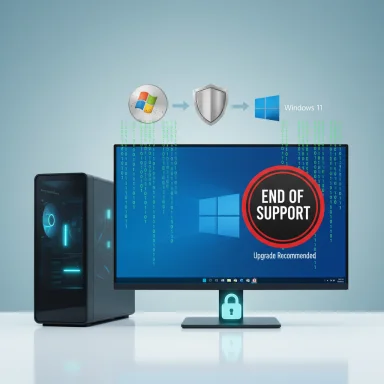 Monitor shows an End of Support warning for Windows with a recommendation to upgrade.