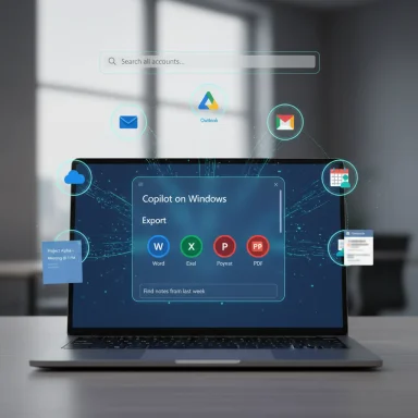 A laptop displays holographic Windows Copilot UI linking Word, Excel, PowerPoint, and Outlook.