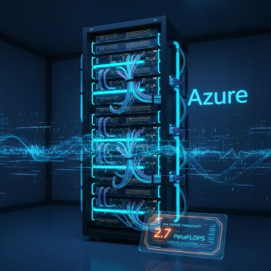 Blue-lit server rack in a futuristic Azure data center with holographic readouts.