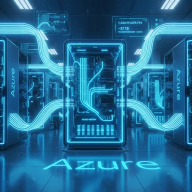 Futuristic Azure data center with glowing neon-blue cables and illuminated server racks.