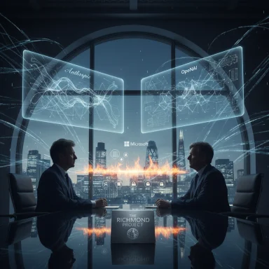 Two executives in a high-tech boardroom watch holographic AI diagrams over a city skyline.
