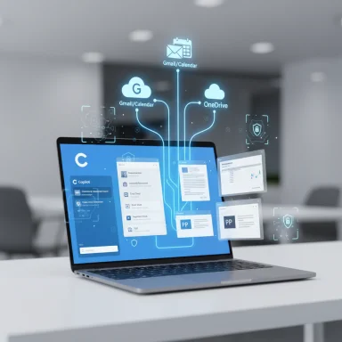 A laptop displays holographic cloud icons and app panels, illustrating interconnected digital tools.