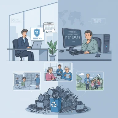 Office workers confront Windows 10 end-of-support and digital equity amid mounds of e-waste.