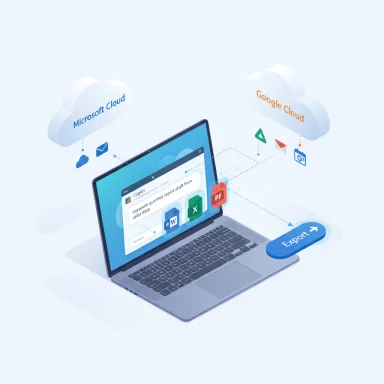 Isometric laptop exports data to Microsoft Cloud and Google Cloud.