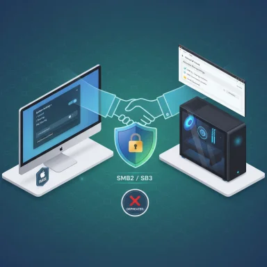 Illustration of SMB2/SMB3 security handshake between a client computer and a server, with a deprecated badge.