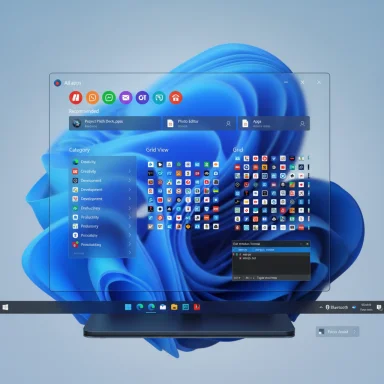 A laptop displays a translucent, floating app-grid overlay on a blue abstract wallpaper.