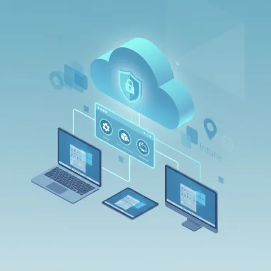 Cloud security concept with multiple devices connected to a secure cloud.