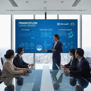 A businesswoman presents a cloud ledger dashboard on a large screen to a group in a glass-walled conference room.