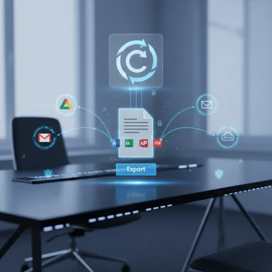 A holographic export interface hovers above a desk, displaying file icons and cloud sharing options.