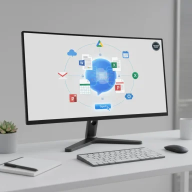 A computer monitor shows a circular infographic of cloud icons and Office app logos.