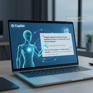Laptop screen shows Copilot health app with a glowing humanoid figure and an exercise quote.