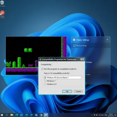 Windows desktop showing a retro game window with a compatibility dialog and display settings.