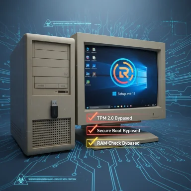 Retro desktop PC shows TPM 2.0, Secure Boot, and RAM checks bypassed.