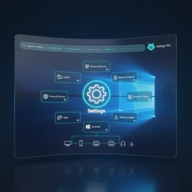 Curved, holographic display of a Windows Settings hub with a glowing gear icon. Curved, holographic display of a Windows Settings hub with a glowing gear icon.