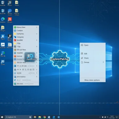 Windows 10 desktop featuring ExplorerPatch with a glowing gear logo and split context menus.