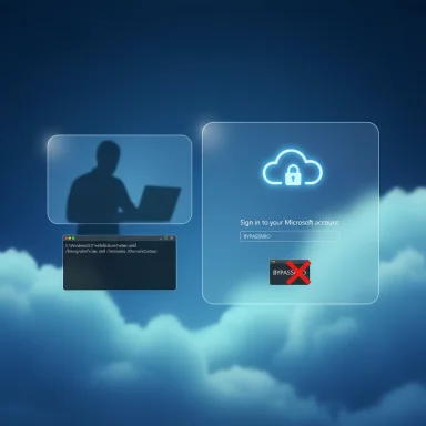 A futuristic cloud sign-in panel with a neon lock icon, hacker silhouette, and bypass warning.