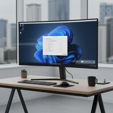 Sleek curved monitor on a wooden desk with keyboard, mouse, plant, and mug in a modern office. Sleek curved monitor on a wooden desk with keyboard, mouse, plant, and mug in a modern office.